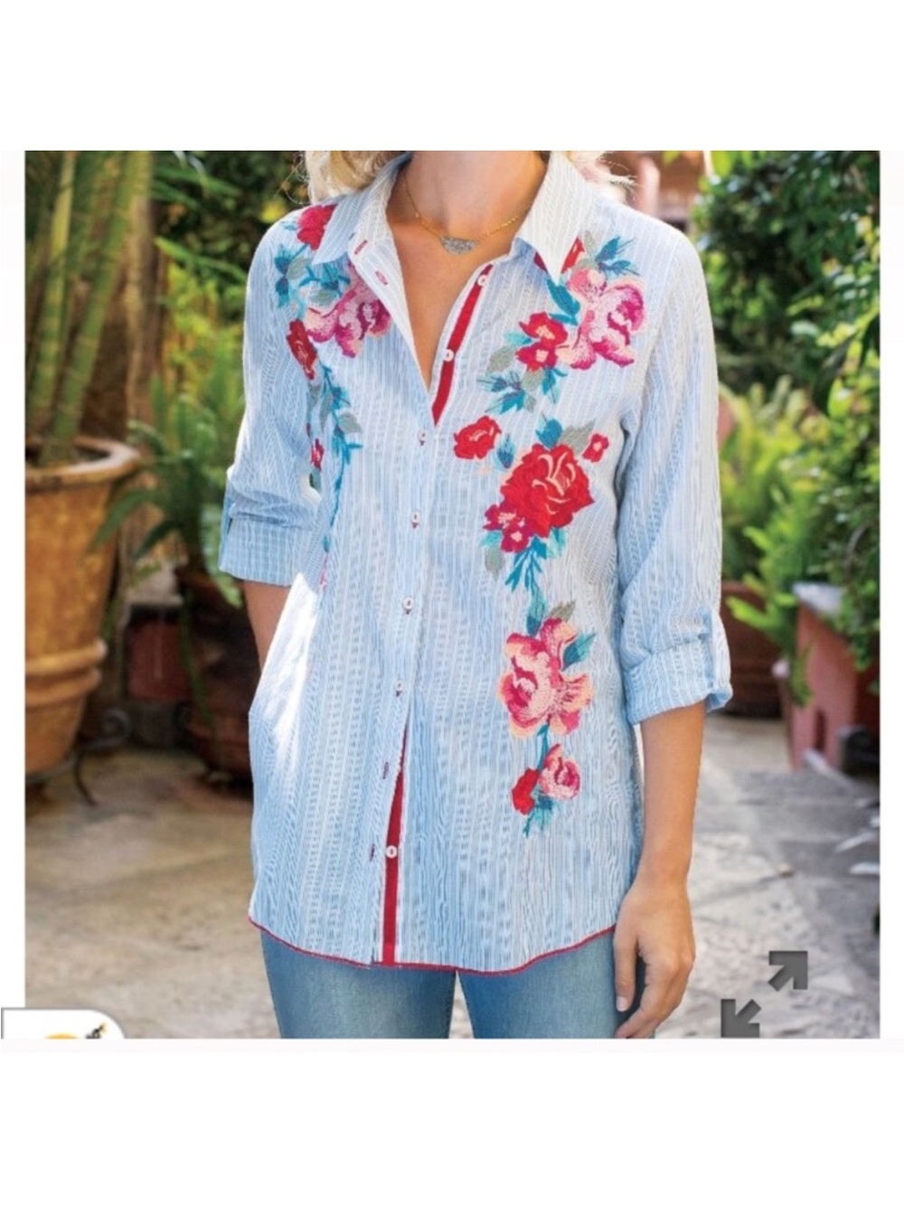 Soft Surroundings Embroidered Floral Boho Top Sz Large